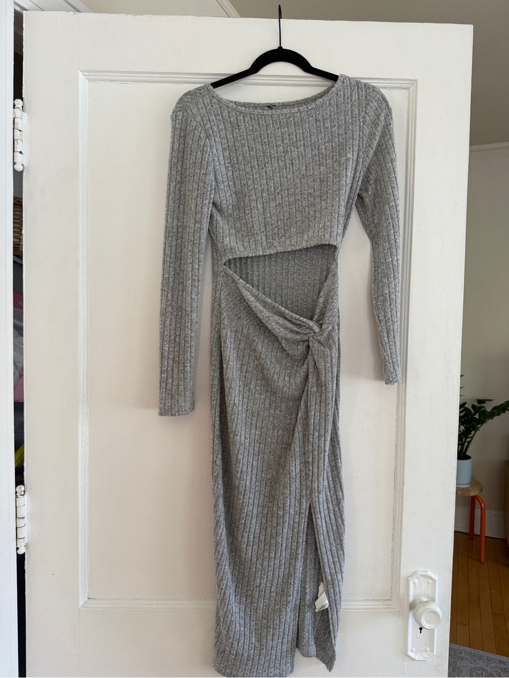 Gray Ribbed Knit Long Sleeve Cutout Dress